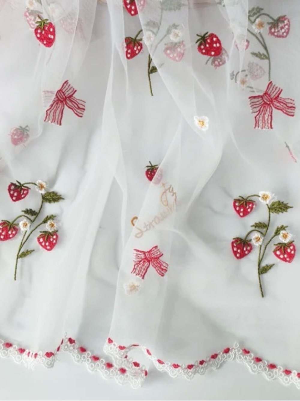 Sheer White Curtains with Embroidered Red Strawberries & Bows